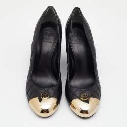Pre Owned Tory Burch Black Quilted Leather Kaitlin Cap Toe Wedge Pumps Size 40