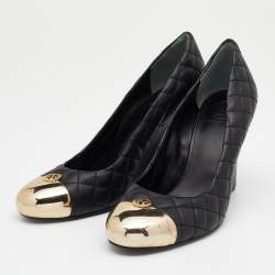 Pre Owned Tory Burch Black Quilted Leather Kaitlin Cap Toe Wedge Pumps Size 40