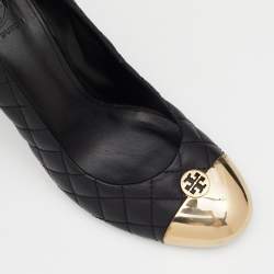 Pre Owned Tory Burch Black Quilted Leather Kaitlin Cap Toe Wedge Pumps Size 40