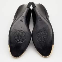 Pre Owned Tory Burch Black Quilted Leather Kaitlin Cap Toe Wedge Pumps Size 40
