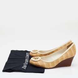 Pre Owned Tory Burch Beige Raffia And Leather Sally Wedge Pumps Size 36.5
