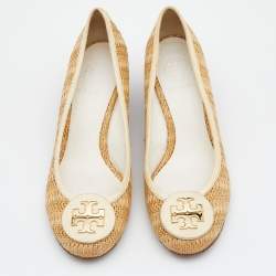 Pre Owned Tory Burch Beige Raffia And Leather Sally Wedge Pumps Size 36.5