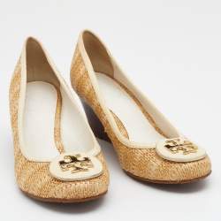 Pre Owned Tory Burch Beige Raffia And Leather Sally Wedge Pumps Size 36.5