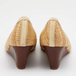 Pre Owned Tory Burch Beige Raffia And Leather Sally Wedge Pumps Size 36.5