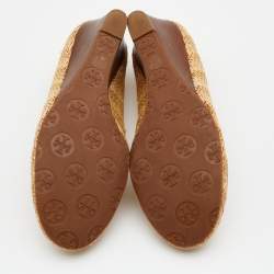 Pre Owned Tory Burch Beige Raffia And Leather Sally Wedge Pumps Size 36.5