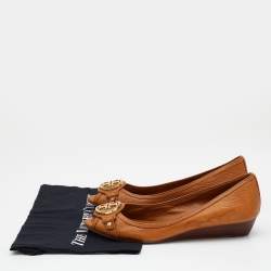 Pre Owned Tory Burch Tan Leather Amanda Peep Toe Wedge Pumps Size 41.5