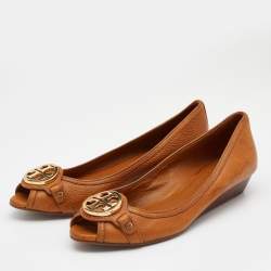 Pre Owned Tory Burch Tan Leather Amanda Peep Toe Wedge Pumps Size 41.5