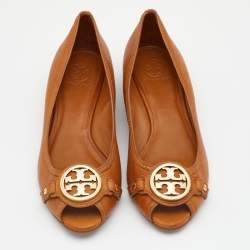 Pre Owned Tory Burch Tan Leather Amanda Peep Toe Wedge Pumps Size 41.5