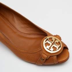Pre Owned Tory Burch Tan Leather Amanda Peep Toe Wedge Pumps Size 41.5