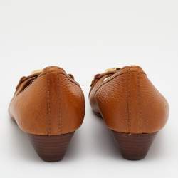 Pre Owned Tory Burch Tan Leather Amanda Peep Toe Wedge Pumps Size 41.5