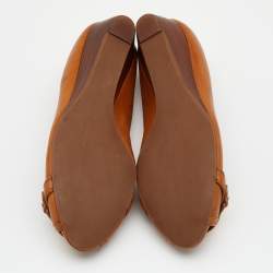 Pre Owned Tory Burch Tan Leather Amanda Peep Toe Wedge Pumps Size 41.5