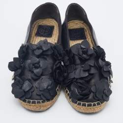 Pre Owned Tory Burch Black Leather Blossom Floral Applique Espadrille Flats Size 40