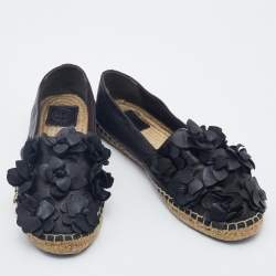 Pre Owned Tory Burch Black Leather Blossom Floral Applique Espadrille Flats Size 40