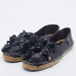 Pre Owned Tory Burch Black Leather Blossom Floral Applique Espadrille Flats Size 40