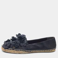 Pre Owned Tory Burch Black Leather Blossom Floral Applique Espadrille Flats Size 40
