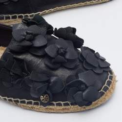 Pre Owned Tory Burch Black Leather Blossom Floral Applique Espadrille Flats Size 40