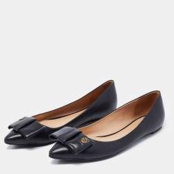Pre Owned Tory Burch Black Leather Bow Ballet Flats Size 38