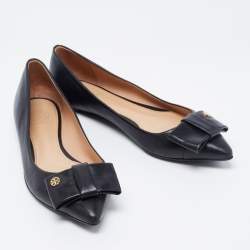 Pre Owned Tory Burch Black Leather Bow Ballet Flats Size 38