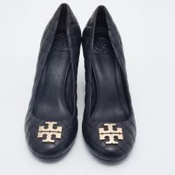 Pre Owned Tory Burch Black Quilted Leather Wedge Pumps Size 39