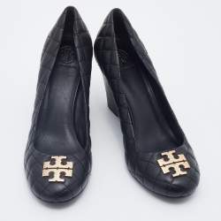 Pre Owned Tory Burch Black Quilted Leather Wedge Pumps Size 39