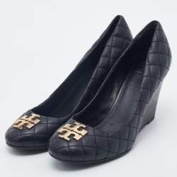 Pre Owned Tory Burch Black Quilted Leather Wedge Pumps Size 39