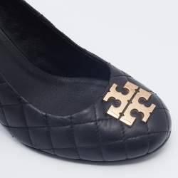 Pre Owned Tory Burch Black Quilted Leather Wedge Pumps Size 39