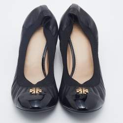 Pre Owned Tory Burch Black Leather Caroline Scrunch Wedge Pumps Size 39