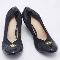 Pre Owned Tory Burch Black Leather Caroline Scrunch Wedge Pumps Size 39