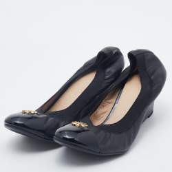 Pre Owned Tory Burch Black Leather Caroline Scrunch Wedge Pumps Size 39