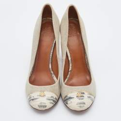 Pre Owned Tory Burch Beige Canvas Block Heel Pumps Size 37.5
