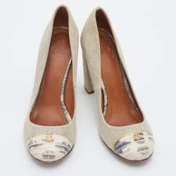 Pre Owned Tory Burch Beige Canvas Block Heel Pumps Size 37.5