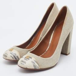 Pre Owned Tory Burch Beige Canvas Block Heel Pumps Size 37.5