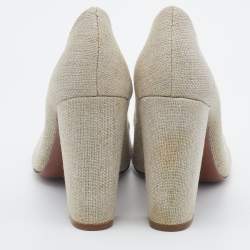 Pre Owned Tory Burch Beige Canvas Block Heel Pumps Size 37.5