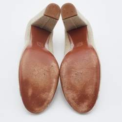 Pre Owned Tory Burch Beige Canvas Block Heel Pumps Size 37.5