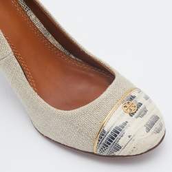 Pre Owned Tory Burch Beige Canvas Block Heel Pumps Size 37.5