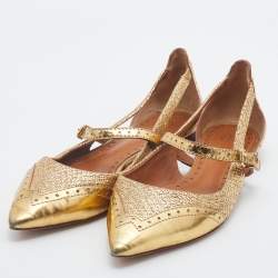 Tory Burch Gold Leather Bernadette Pointed Toe Mary Jane Ballet Flats Size 38