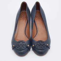 Pre Owned Tory Burch Navy Blue Lizard Embossed Leather Wedge Pumps Size 37.5