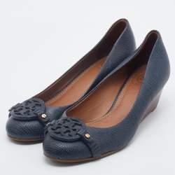 Pre Owned Tory Burch Navy Blue Lizard Embossed Leather Wedge Pumps Size 37.5