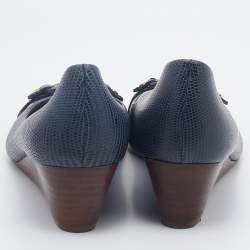 Pre Owned Tory Burch Navy Blue Lizard Embossed Leather Wedge Pumps Size 37.5