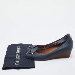 Pre Owned Tory Burch Navy Blue Lizard Embossed Leather Wedge Pumps Size 37.5