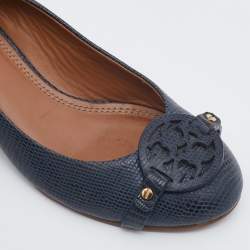 Pre Owned Tory Burch Navy Blue Lizard Embossed Leather Wedge Pumps Size 37.5