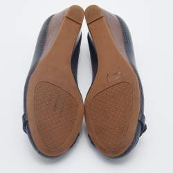 Pre Owned Tory Burch Navy Blue Lizard Embossed Leather Wedge Pumps Size 37.5