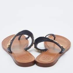 Pre Owned Tory Burch Black Patent Leather Toe Ring Flat Sandals Size 37