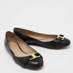 Pre Owned Tory Burch Black Leather Bow Ballet Flats Size 41
