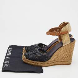 Pre Owned Tory Burch Dark Blue/Beige Lace And Woven Jute Wedge Espadrille Sandals Size 38.5