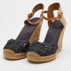 Pre Owned Tory Burch Dark Blue/Beige Lace And Woven Jute Wedge Espadrille Sandals Size 38.5