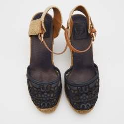 Pre Owned Tory Burch Dark Blue/Beige Lace And Woven Jute Wedge Espadrille Sandals Size 38.5