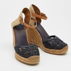 Pre Owned Tory Burch Dark Blue/Beige Lace And Woven Jute Wedge Espadrille Sandals Size 38.5