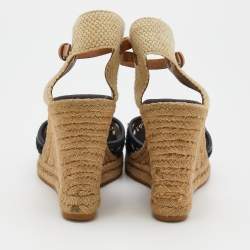 Pre Owned Tory Burch Dark Blue/Beige Lace And Woven Jute Wedge Espadrille Sandals Size 38.5