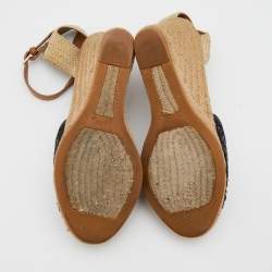 Pre Owned Tory Burch Dark Blue/Beige Lace And Woven Jute Wedge Espadrille Sandals Size 38.5